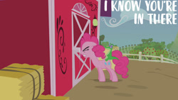 Size: 1280x720 | Tagged: safe, edit, edited screencap, editor:quoterific, imported from derpibooru, screencap, gummy, pinkie pie, alligator, earth pony, pony, party of one, season 1, eyes closed, female, hay, hay bale, knocking, male, mare, sweet apple acres