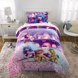 Size: 1500x1500 | Tagged: safe, imported from derpibooru, hitch trailblazer, izzy moonbow, pipp petals, sunny starscout, zipp storm, earth pony, pegasus, pony, unicorn, bed, bedsheets, blanket, bridlewood, female, g5, male, mane five (g5), mare, merchandise, official, pillow, stallion