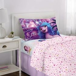 Size: 1500x1500 | Tagged: safe, imported from derpibooru, izzy moonbow, pipp petals, pegasus, pony, unicorn, bed, bedsheets, blanket, female, g5, mare, merchandise, official, pillow