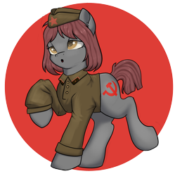 Size: 2392x2400 | Tagged: safe, artist:dumbwoofer, imported from derpibooru, oc, oc only, oc:veronika, earth pony, pony, clothes, communism, earth pony oc, eyes open, female, hat, high res, mare, simple background, solo, soviet, soviet pony, soviet union, uniform