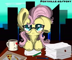 Size: 3000x2500 | Tagged: safe, artist:hisp, imported from derpibooru, fluttershy, pegasus, pony, beard, blushing, city, coffee mug, cute, desk, facial hair, female, fluffy, food, frown, glasses, high res, long hair, looking at you, mare, mug, neck fluff, office, one ear down, paperwork, pencil, pizza, pizza box, shyabetes, solo, solo female, tired, url, working