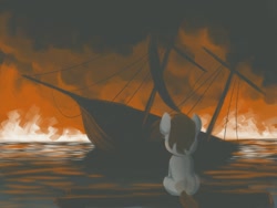 Size: 1600x1200 | Tagged: safe, artist:escapist, imported from derpibooru, pipsqueak, earth pony, pony, fire, foal, limited palette, raft, ship, sinking, sitting, tabun art-battle, water