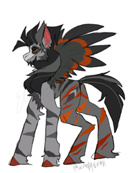 Size: 768x1024 | Tagged: safe, artist:wompydormk, imported from derpibooru, oc, oc only, oc:jetcrest, pegasus, pony, chest freckles, fluffy mane, freckles, grey fur, hooves, long mane, orange stripes, pegasus oc, simple background, solo, stripes, white background, wings