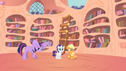 Size: 1280x721 | Tagged: safe, artist:benpictures1, imported from derpibooru, applejack, rarity, twilight sparkle, alicorn, earth pony, pony, unicorn, age regression, cute, female, filly, filly applejack, filly rarity, floppy ears, golden oaks library, jackabetes, mare, raised hoof, raribetes, sitting, spell gone wrong, standing, twilight sparkle (alicorn), younger