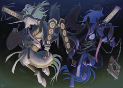 Size: 1200x852 | Tagged: safe, artist:loupgarou, imported from derpibooru, princess celestia, princess luna, alicorn, anthro, unguligrade anthro, cangue, chains, chinese, clothes, dress, duo, grim reaper, hand fan, hat, heibai wuchang, hoers, long tongue, sign, stocks, tongue out, writing