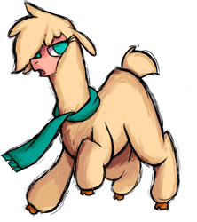 Size: 2394x2697 | Tagged: safe, artist:hitsuji, imported from derpibooru, oc, oc only, oc:shio (hitsuji), alpaca, them's fightin' herds, clothes, cloven hooves, community related, hair over one eye, high res, looking at you, one eye covered, scarf, simple background, solo, tfh oc, transparent background