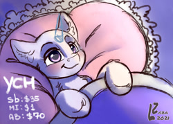 Size: 1400x1000 | Tagged: safe, artist:zobaloba, imported from derpibooru, alicorn, earth pony, pegasus, pony, unicorn, any gender, any species, auction, bed, candy, commission, dream, food, sleeping, solo, sweets, your character here
