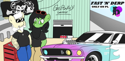 Size: 5209x2550 | Tagged: safe, artist:sparkfler85, derpibooru exclusive, imported from derpibooru, oc, oc only, oc:el gordo, oc:filly anon, anthro, beard, bracelet, breasts, car, clothes, engine, facial hair, fake beard, fast 'n' loud, female, filly, ford, ford mustang, garage, gas monkey garage, jewelry, male, mare, necklace, pants, parody, ponylatino, shirt, skull, sunglasses, supercharger, tattoo, toolbox, v8, wrench