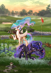 Size: 1800x2588 | Tagged: safe, artist:harwick, imported from derpibooru, princess celestia, princess luna, alicorn, pony, angry, commission, fanfic art, female, golf, golf ball, golf club, gopher, mole, mouth hold, playing, royal sisters, siblings, sisters, sports