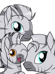 Size: 768x1024 | Tagged: safe, artist:windy breeze, imported from derpibooru, oc, oc only, oc:fadhila, oc:tepe, oc:thamani muziki, oc:valueble music, zebra, female, filly, foal, happy, looking at you, male, mare, one eye closed, siblings, simple background, smiling, stallion, wink