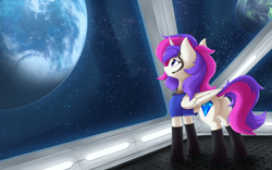 Size: 2982x1863 | Tagged: safe, artist:wolfypon, imported from derpibooru, oc, oc only, alicorn, pony, alicorn oc, boots, butt, clothes, female, headphones, horn, mare, planet, plot, shoes, solo, space, spaceship, wings