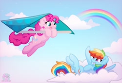 Size: 1722x1181 | Tagged: safe, artist:minty joy, imported from derpibooru, pinkie pie, rainbow dash, earth pony, pegasus, pony, backwards cutie mark, cloud, duo, ear fluff, hang glider, leg fluff, lying down, lying on a cloud, on a cloud, open mouth, rainbow, sky, spread wings, waving, wingding eyes, wings