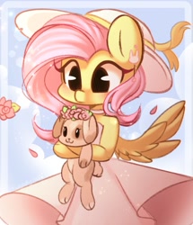 Size: 1624x1888 | Tagged: safe, artist:sakukitty, imported from derpibooru, fluttershy, dog, semi-anthro, blushing, clothes, cute, daaaaaaaaaaaw, dress, ear piercing, earring, female, floral head wreath, flower, hat, jewelry, petals, piercing, puppy, shoulderless, shyabetes, solo, strapless