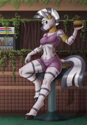 Size: 1420x2025 | Tagged: safe, artist:anadukune, imported from derpibooru, zecora, anthro, unguligrade anthro, zebra, abs, bike shorts, burger, clothes, commission, diner, female, food, looking at you, sandwich, shorts, socks, solo, stool, tanktop, veggie burger, vending machine