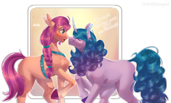 Size: 2500x1500 | Tagged: safe, artist:artistgenepal, imported from derpibooru, izzy moonbow, sunny starscout, earth pony, pony, unicorn, spoiler:g5, blushing, boop, curved horn, cute, dialogue, eyes closed, female, g5, gradient background, horn, izzybetes, mare, my little pony: a new generation, noseboop, scene interpretation, simple background, transparent background