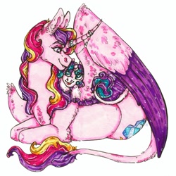 Size: 1023x1023 | Tagged: safe, artist:joakimdit, artist:skior, imported from derpibooru, princess cadance, princess flurry heart, pony, female, mother and child, mother and daughter, simple background, traditional art, two toned wings, white background, wings