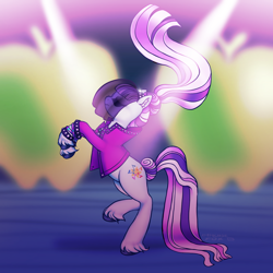 Size: 1846x1846 | Tagged: safe, artist:immunefox, imported from derpibooru, coloratura, earth pony, pony, season 5, the mane attraction, clothes, countess coloratura, cutie mark, digital art, fanart, hair flip, performance, procreate app, rearing, side view, solo, stage