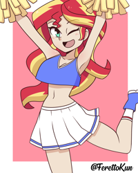 Size: 1000x1250 | Tagged: safe, artist:ferettokun, imported from derpibooru, sunset shimmer, equestria girls, armpits, belly button, cheerleader, cheerleader outfit, clothes, female, midriff, one eye closed, solo, wink