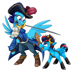 Size: 3052x2970 | Tagged: safe, artist:luximus17, imported from derpibooru, oc, oc only, oc:andrew swiftwing, oc:blue angel, oc:swift sail, pegasus, alternate universe, boots, clothes, coat, fantasy class, feather, female, goggles, hair bun, hat, high res, male, mother and child, mother and son, rapier, shoes, simple background, sword, transparent background, weapon, wings