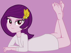 Size: 1350x1006 | Tagged: safe, artist:grapefruitfacebases, artist:jadeharmony, artist:jadethepegasus, imported from derpibooru, pipp petals, equestria girls, barefoot, base used, bedroom eyes, clothes, coat, equestria girls-ified, eyeshadow, feet, female, g5, g5 to equestria girls, makeup, purple background, shirt, simple background, soles, solo, the pose