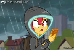 Size: 2800x1900 | Tagged: safe, artist:deadinside97, imported from derpibooru, part of a set, sunset shimmer, equestria girls, acid rain, backpack, cellphone, clothes, disappearing clothes, hoodie, open mouth, patreon, phone, rain, redraw, show accurate