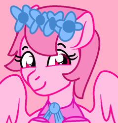 Size: 557x582 | Tagged: safe, artist:jadeharmony, artist:jadethepegasus, artist:unoriginai, imported from derpibooru, oc, oc only, oc:metaru, oc:metaru scarlet, pegasus, pony, base used, bowtie, clothes, cute, female, filly, floral head wreath, flower, pink, pink background, shirt, simple background, solo