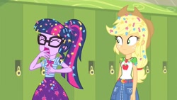 Size: 1280x721 | Tagged: safe, imported from derpibooru, screencap, applejack, sci-twi, twilight sparkle, best trends forever, equestria girls, equestria girls series, confetti, pre sneeze, shrunken pupils, sneezing