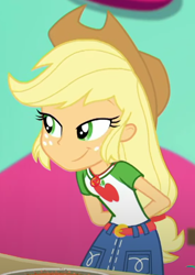 Size: 370x522 | Tagged: safe, imported from derpibooru, screencap, applejack, equestria girls, equestria girls series, tip toppings, tip toppings: applejack, spoiler:eqg series (season 2), belt, clothes, cropped, cutie mark, cutie mark on clothes, denim skirt, geode of super strength, jewelry, magical geodes, necklace, skirt, smiling, smirk