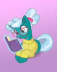 Size: 2075x2631 | Tagged: safe, artist:marbo, bellflower blurb, pony, unicorn, the point of no return, /mlp/, book, clothes, drawthread, female, glasses, gradient background, image, librarian, mare, png, reading, requested art, solo, sweater