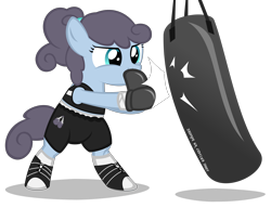 Size: 4780x3680 | Tagged: safe, artist:strategypony, imported from derpibooru, oc, oc only, oc:polly poppyseed, earth pony, bipedal, boxing, boxing gloves, boxing shoes, boxing shorts, clothes, earth pony oc, female, filly, midriff, practice, punch, punching bag, shoes, shorts, simple background, sports, sports shoes, sports shorts, text, transparent background