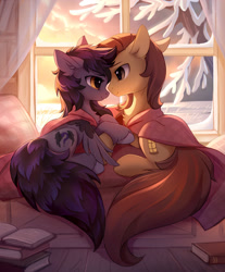 Size: 1323x1600 | Tagged: safe, artist:tomatocoup, imported from ponybooru, oc, oc only, oc:radiant star, oc:rune riddle, earth pony, pegasus, pony, bed, blanket, book, chest fluff, commission, cozy, cuddling, cute, daaaaaaaaaaaw, ear fluff, ears, eye contact, female, floppy ears, holding hooves, hoof fluff, lidded eyes, looking at each other, male, mare, oc x oc, prone, runestar, shipping, sitting, smiling, snow, stallion, straight, tree, unshorn fetlocks, window, wing fluff, winter, ych result