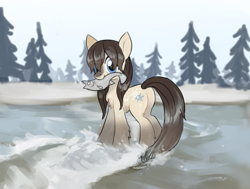 Size: 1580x1196 | Tagged: safe, artist:marbo, imported from ponybooru, oc, oc only, oc:frosty flakes, fish, pony, /mlp/, :v, chest fluff, drawthread, female, fishing, fluffy, food, looking at you, mare, meat, mouth hold, ponies eating fish, ponies eating meat, river, snowpony (species), solo, taiga pony, wet, yakutian horse