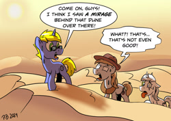 Size: 1280x906 | Tagged: safe, artist:pony-berserker, imported from derpibooru, oc, oc:final drive, oc:longhaul, oc:silver sickle, desert, oblivious, sand, speech bubble, sun