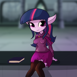 Size: 2250x2250 | Tagged: safe, artist:tjpones, imported from derpibooru, twilight sparkle, elf, equestria girls, book, breasts, busty twilight sparkle, clothes, cute, elf ears, female, high res, looking at you, skirt, smiling, smiling at you, socks, solo, species swap, stockings, thigh highs, twiabetes, unicorns as elves