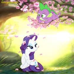 Size: 2048x2048 | Tagged: safe, artist:georgegarza01, edit, imported from derpibooru, rarity, spike, dragon, pony, unicorn, bambi, beautiful, bedroom eyes, cherry blossoms, female, flower, flower blossom, flower in hair, forest, high res, interspecies, lidded eyes, love, male, romantic, shipping, show accurate, sparity, straight, tree, tree branch, winged spike, wings