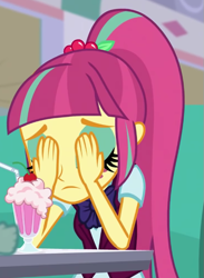 Size: 497x678 | Tagged: safe, imported from derpibooru, screencap, sour sweet, dance magic, equestria girls, spoiler:eqg specials, cropped, eyes closed, eyeshadow, female, hand on face, makeup, solo