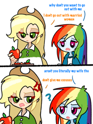 Size: 650x867 | Tagged: safe, artist:黄色方砖砖, imported from derpibooru, applejack, rainbow dash, human, pony, equestria girls, appledash, comic, cross-popping veins, female, humanized, lesbian, question mark, shipping, silly, silly pony, simple background, translation, who's a silly pony