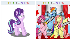 Size: 1124x623 | Tagged: safe, artist:banquo0, artist:kushina13, edit, imported from derpibooru, fluttershy, pinkie pie, rainbow dash, starlight glimmer, earth pony, pegasus, pony, unicorn, derpibooru, fanfic:cupcakes, bipedal, chainsaw, grin, juxtaposition, meta, restrained, smiling, this will end in death, this will end in pain