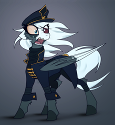 Size: 3900x4242 | Tagged: safe, artist:fenixdust, imported from derpibooru, oc, oc only, oc:cirrus sky, pegasus, pony, angry, bald face, blaze (coat marking), bloodshot eyes, clothes, coat, coat markings, facial markings, female, mare, solo, standing, uniform, yelling