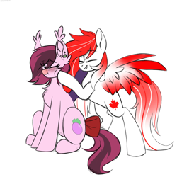 Size: 2200x2200 | Tagged: safe, artist:chickenbrony, artist:cottonaime, imported from derpibooru, oc, oc only, oc:bree berry, oc:making amends, earth pony, pegasus, pony, bipedal, colored wings, duo, eyes closed, female, high res, male, one eye closed, simple background, sitting, two toned wings, white background, wings