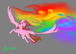 Size: 1400x1000 | Tagged: safe, artist:joan-grace, imported from derpibooru, oc, oc only, pegasus, pony, flying, gray background, pegasus oc, rainbow trail, signature, simple background, solo, wings