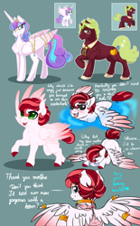 Size: 2834x4574 | Tagged: safe, artist:schokocream, imported from derpibooru, princess flurry heart, oc, oc:black twig apple, oc:radiant ruby, alicorn, pony, female, filly, freckles, male, mare, offspring, offspring's offspring, parent:big macintosh, parent:cheerilee, parent:oc:black twig apple, parent:princess flurry heart, parents:canon x oc, parents:cheerimac, reference sheet, stallion, story included