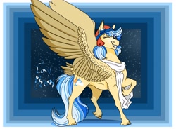 Size: 3186x2350 | Tagged: safe, artist:inisealga, imported from derpibooru, oc, oc only, oc:easy breezy, pegasus, pony, abstract background, aviator goggles, clothes, female, goggles, hat, high res, mare, pegasus oc, scarf, solo, spread wings, wing fluff, wings