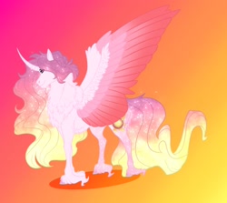 Size: 2026x1804 | Tagged: safe, artist:inisealga, imported from derpibooru, princess celestia, alicorn, pony, abstract background, alternate design, curved horn, female, gradient background, horn, mare, redesign, solo, spread wings, wings