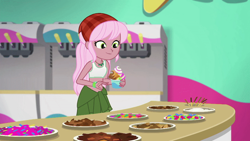 Size: 800x450 | Tagged: safe, edit, edited screencap, imported from derpibooru, screencap, raspberry lilac, equestria girls, equestria girls series, tip toppings, tip toppings: fluttershy, spoiler:choose your own ending (season 2), spoiler:eqg series (season 2), bandana, candy, clothes, cup, eating, female, food, froyo, frozen yogurt, frozen yogurt machine, frozen yogurt shop, gummy worm, jewelry, midriff, necklace, shirt, sleeveless, sleeveless shirt, solo, sports bra, table, tanktop, toppings