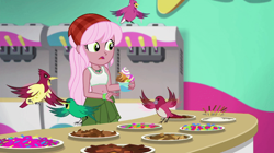 Size: 800x448 | Tagged: safe, edit, edited screencap, imported from derpibooru, screencap, raspberry lilac, bird, equestria girls, equestria girls series, tip toppings, tip toppings: fluttershy, spoiler:choose your own ending (season 2), spoiler:eqg series (season 2), animal, bandana, belly button, candy, clothes, cup, eating, female, flying, food, froyo, frozen yogurt, frozen yogurt machine, frozen yogurt shop, gummy worm, jewelry, midriff, necklace, shirt, shocked, sleeveless, sleeveless shirt, solo, sports bra, table, tanktop, toppings