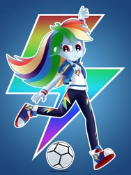 Size: 1500x2000 | Tagged: safe, artist:underratedhero, imported from derpibooru, rainbow dash, equestria girls, equestria girls series, clothes, commission, cute, cutie mark, cutie mark on clothes, dashabetes, female, football, geode of super speed, jewelry, kissy face, magical geodes, necklace, simple background, solo, sports