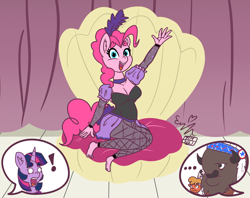 Size: 2400x1900 | Tagged: safe, artist:erenerakhard, artist:erynerikard, imported from derpibooru, chief thunderhooves, little strongheart, pinkie pie, twilight sparkle, anthro, buffalo, earth pony, plantigrade anthro, unicorn, over a barrel, ..., barefoot, breasts, burlesque, cleavage, clothes, dress, exclamation point, feet, saloon dress, saloon pinkie, unicorn twilight, varying degrees of do not want, you gotta share