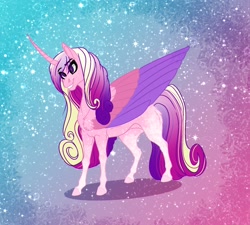 Size: 1868x1680 | Tagged: safe, artist:inisealga, imported from derpibooru, princess cadance, alicorn, pony, abstract background, coat markings, colored wings, concave belly, curved horn, female, folded wings, gradient background, horn, large wings, mare, socks (coat markings), solo, sparkly background, wings