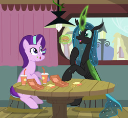 Size: 1280x1183 | Tagged: safe, artist:mr100dragon100, imported from derpibooru, queen chrysalis, starlight glimmer, changeling, changeling queen, unicorn, a better ending for chrysalis, burger, eating, female, food, hay burger, reformed, restaurant